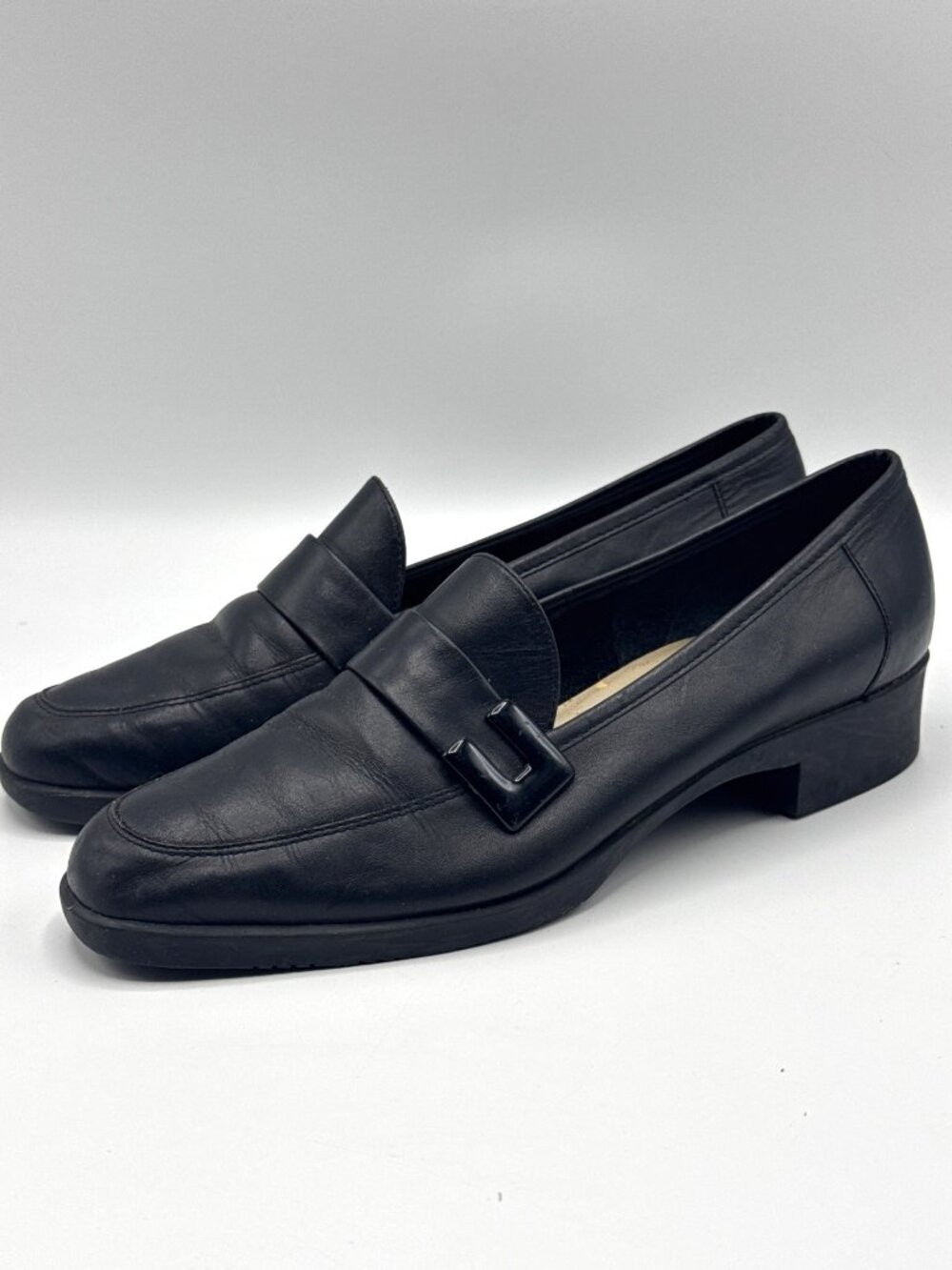 Vintage 90s Unisa Black Leather Buckle Loafers Made in Brazil 7.5B